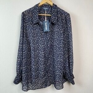 ModCloth Floral Button Up Blouse Womens 3X Navy Blue Sheer Chevron Fairycore New